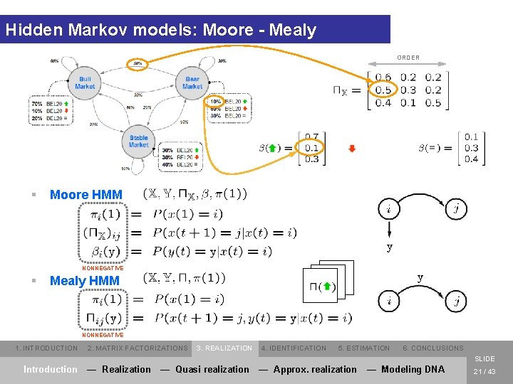 Hidden Markov models: Moore - Mealy ORDER = § Moore HMM NONNEGATIVE § Mealy