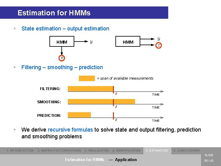 Estimation for HMMs § State estimation – output estimation HMM § HMM Filtering –