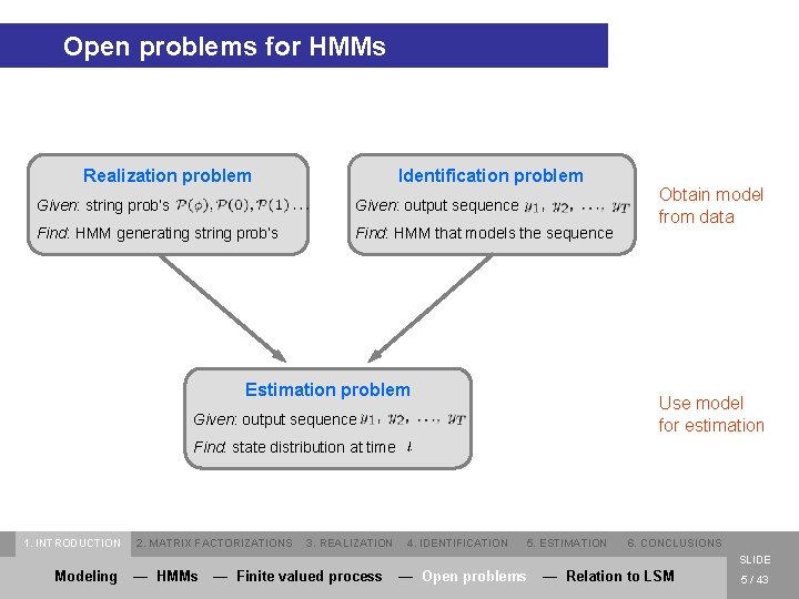 Open problems for HMMs Realization problem Identification problem Given: string prob’s Given: output sequence