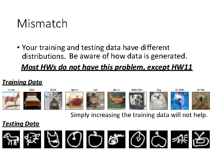 Mismatch • Your training and testing data have different distributions. Be aware of how