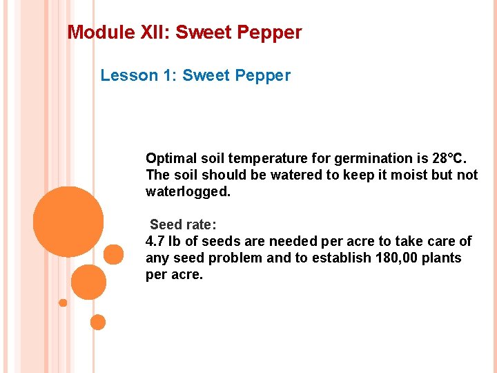 Module XII: Sweet Pepper Lesson 1: Sweet Pepper Optimal soil temperature for germination is