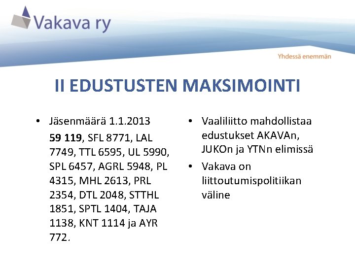 II EDUSTUSTEN MAKSIMOINTI • Jäsenmäärä 1. 1. 2013 59 119, SFL 8771, LAL 7749,