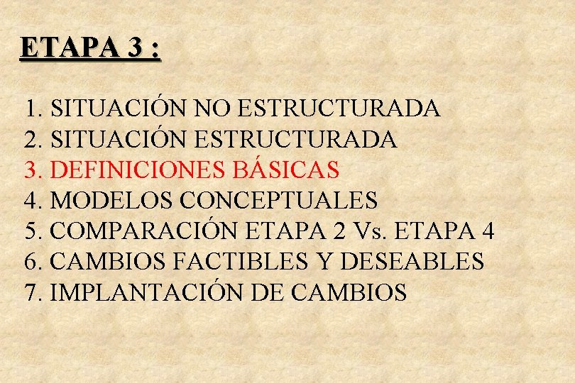 ETAPA 3 : 1. SITUACIÓN NO ESTRUCTURADA 2. SITUACIÓN ESTRUCTURADA 3. DEFINICIONES BÁSICAS 4.