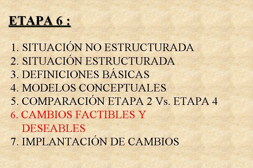 ETAPA 6 : 1. SITUACIÓN NO ESTRUCTURADA 2. SITUACIÓN ESTRUCTURADA 3. DEFINICIONES BÁSICAS 4.