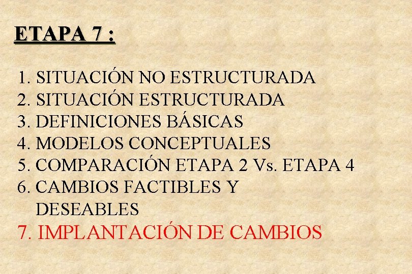 ETAPA 7 : 1. SITUACIÓN NO ESTRUCTURADA 2. SITUACIÓN ESTRUCTURADA 3. DEFINICIONES BÁSICAS 4.