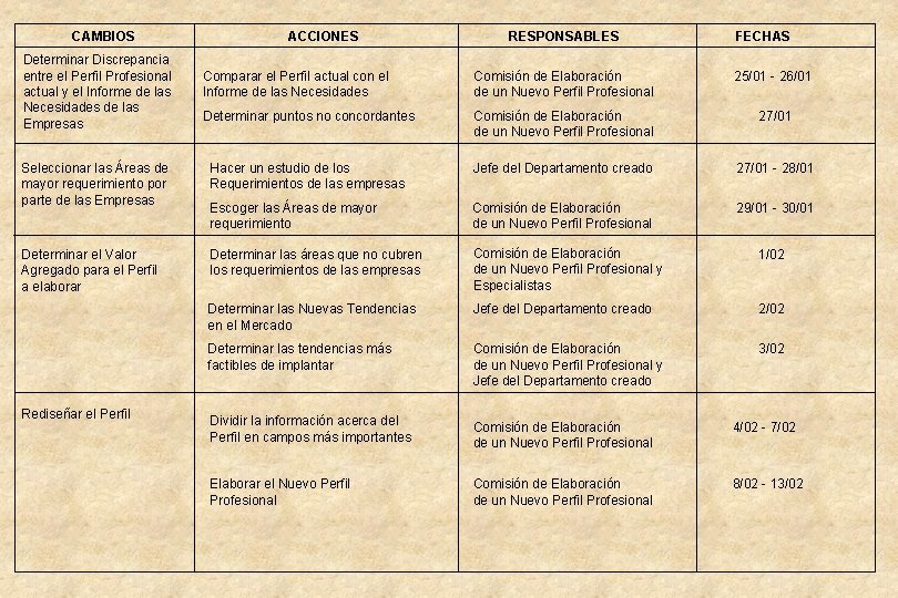 CAMBIOS Determinar Discrepancia entre el Perfil Profesional actual y el Informe de las Necesidades