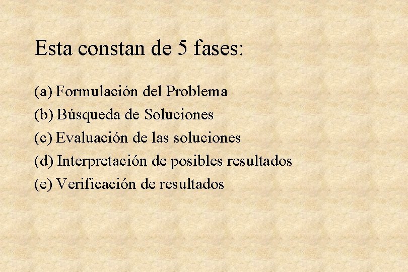 Esta constan de 5 fases: (a) Formulación del Problema (b) Búsqueda de Soluciones (c)