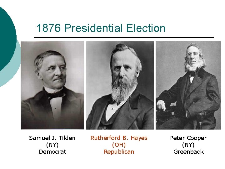 1876 Presidential Election Samuel J. Tilden (NY) Democrat Rutherford B. Hayes (OH) Republican Peter