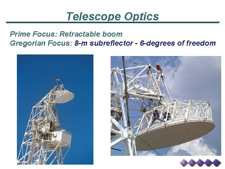 Telescope Optics Prime Focus: Retractable boom Gregorian Focus: 8 -m subreflector - 6 -degrees