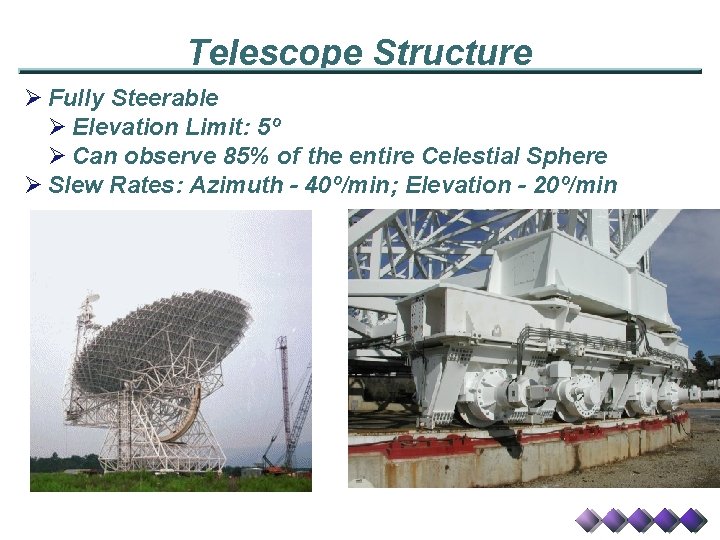 Telescope Structure Ø Fully Steerable Ø Elevation Limit: 5º Ø Can observe 85% of
