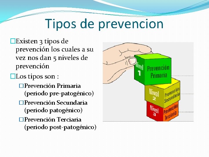 Tipos de prevencion �Existen 3 tipos de prevención los cuales a su vez nos