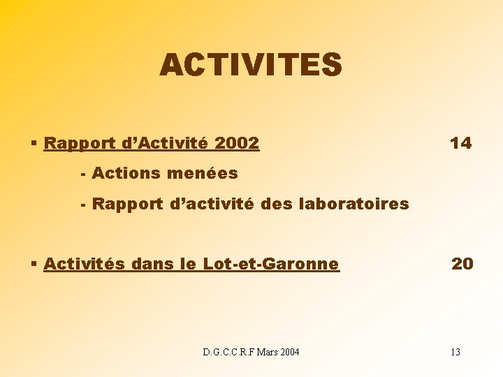 ACTIVITES § Rapport d’Activité 2002 14 - Actions menées - Rapport d’activité des laboratoires