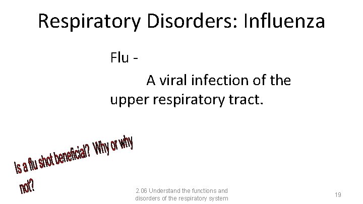 Respiratory Disorders: Influenza Flu A viral infection of the upper respiratory tract. 2. 06