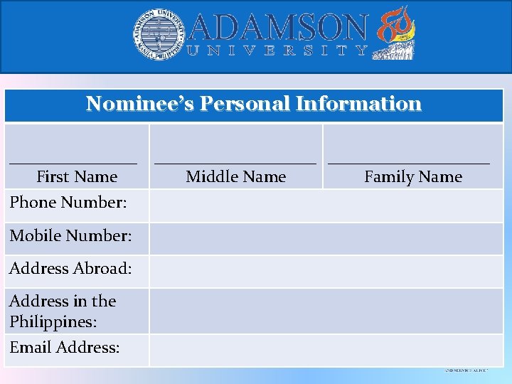 Nominee’s Personal Information ___________________ First Name Middle Name Family Name Phone Number: Mobile Number: