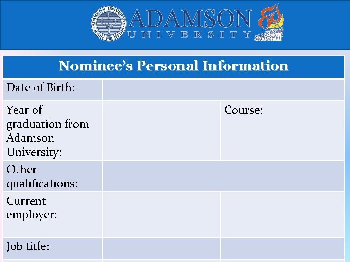 Nominee’s Personal Information Date of Birth: Year of graduation from Adamson University: Other qualifications: