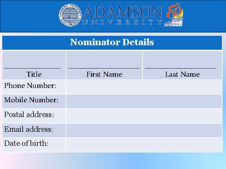 Nominator Details ___________________ Title First Name Last Name Phone Number: Mobile Number: Postal address: