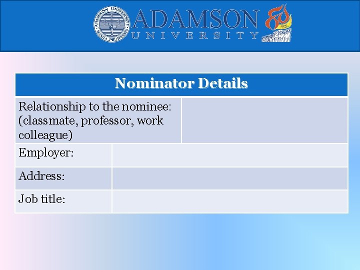 Nominator Details Relationship to the nominee: (classmate, professor, work colleague) Employer: Address: Job title: