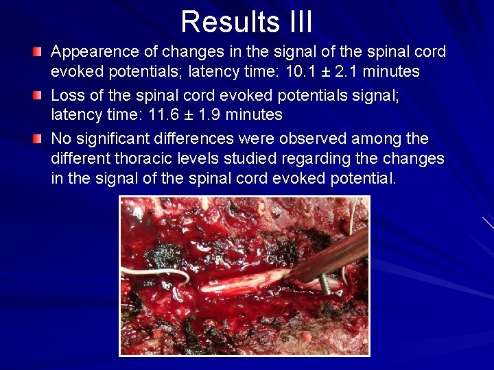 Results III Appearence of changes in the signal of the spinal cord evoked potentials;