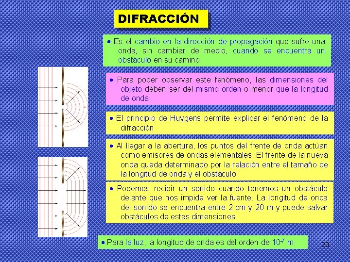 DIFRACCIÓN Es el cambio en la dirección de propagación que sufre una onda, sin