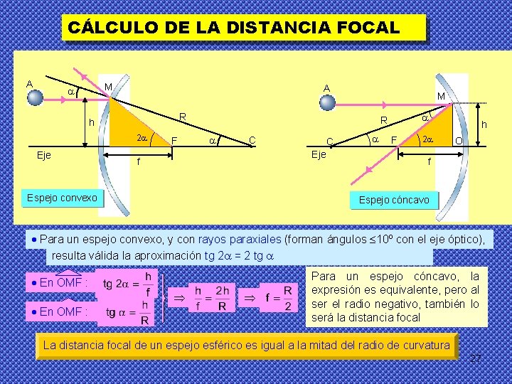 CÁLCULO DE LA DISTANCIA FOCAL A M A R h 2 Eje M F