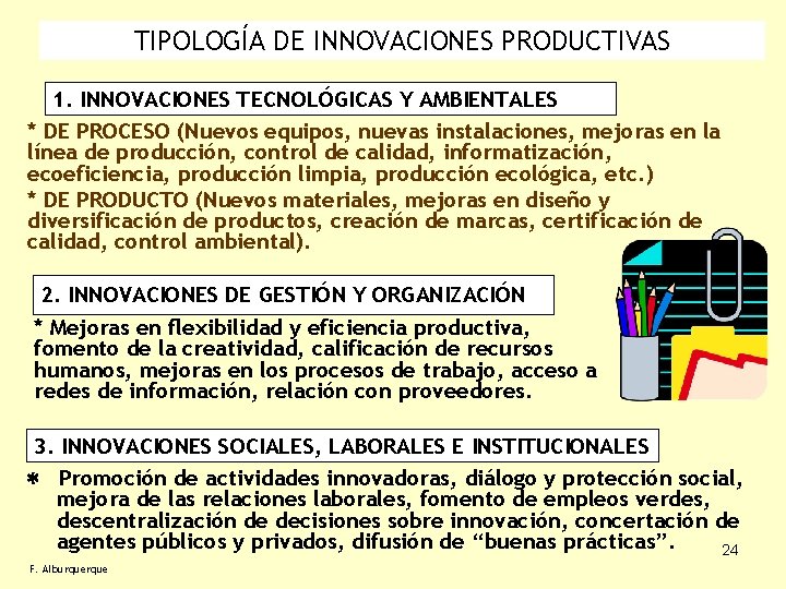 TIPOLOGÍA DE INNOVACIONES PRODUCTIVAS 1. INNOVACIONES TECNOLÓGICAS Y AMBIENTALES * DE PROCESO (Nuevos equipos,