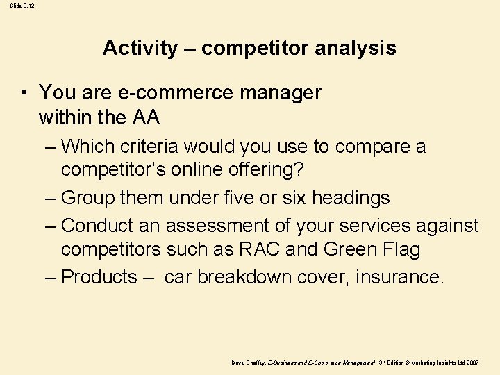 Slide 8. 12 Activity – competitor analysis • You are e-commerce manager within the