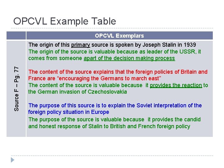 OPCVL Example Table OPCVL Exemplars Source F – Pg. 77 The origin of this OPCVL Example Table OPCVL Exemplars Source F – Pg. 77 The origin of this