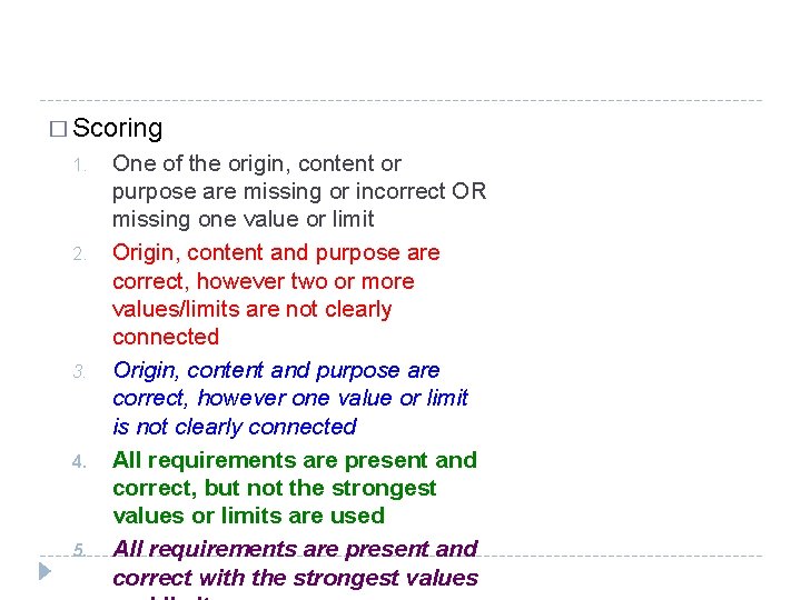� Scoring 1. 2. 3. 4. 5. One of the origin, content or purpose � Scoring 1. 2. 3. 4. 5. One of the origin, content or purpose