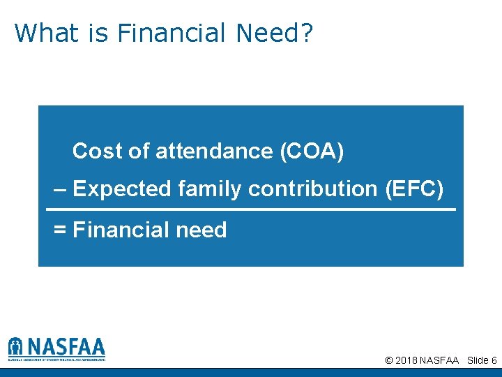 What is Financial Need? Cost of attendance (COA) – Expected family contribution (EFC) =