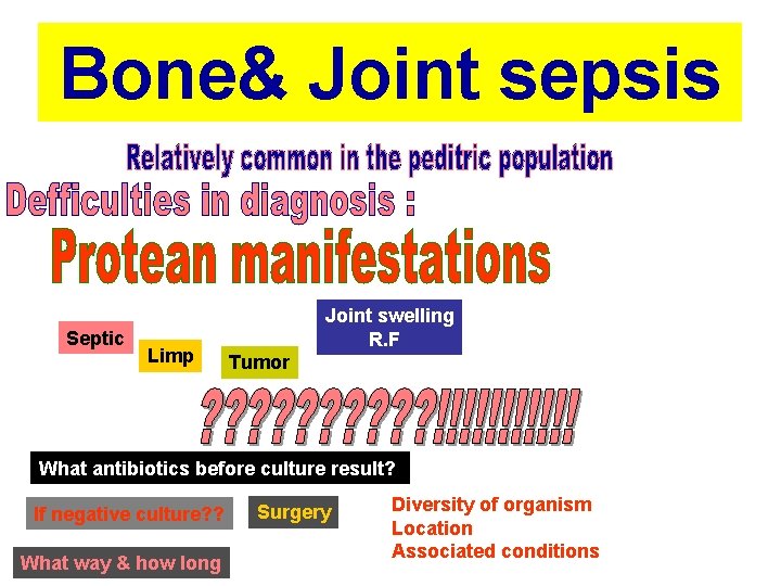 Bone& Joint sepsis Septic Limp Joint swelling R. F Tumor What antibiotics before culture