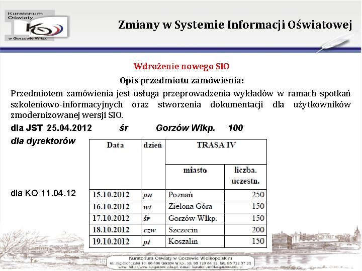 Zmiany w Systemie Informacji Oświatowej Wdrożenie nowego SIO Opis przedmiotu zamówienia: Przedmiotem zamówienia jest