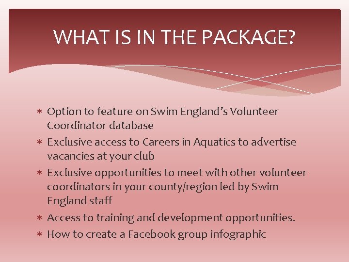 WHAT IS IN THE PACKAGE? Option to feature on Swim England’s Volunteer Coordinator database
