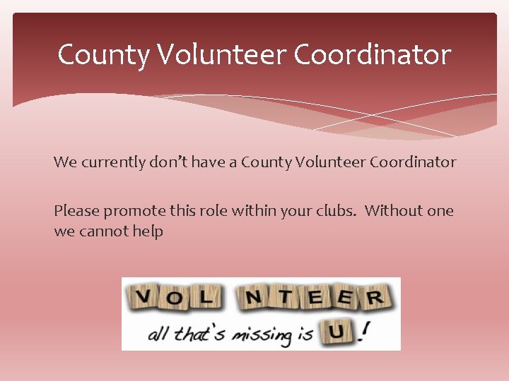 County Volunteer Coordinator We currently don’t have a County Volunteer Coordinator Please promote this