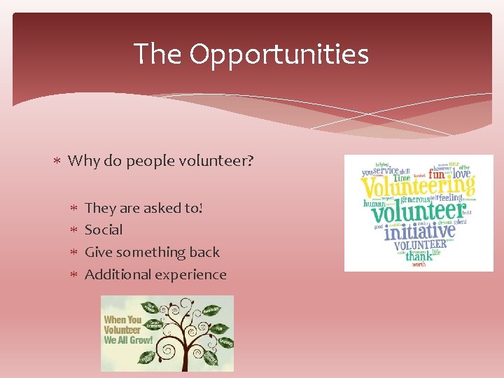 The Opportunities Why do people volunteer? They are asked to! Social Give something back