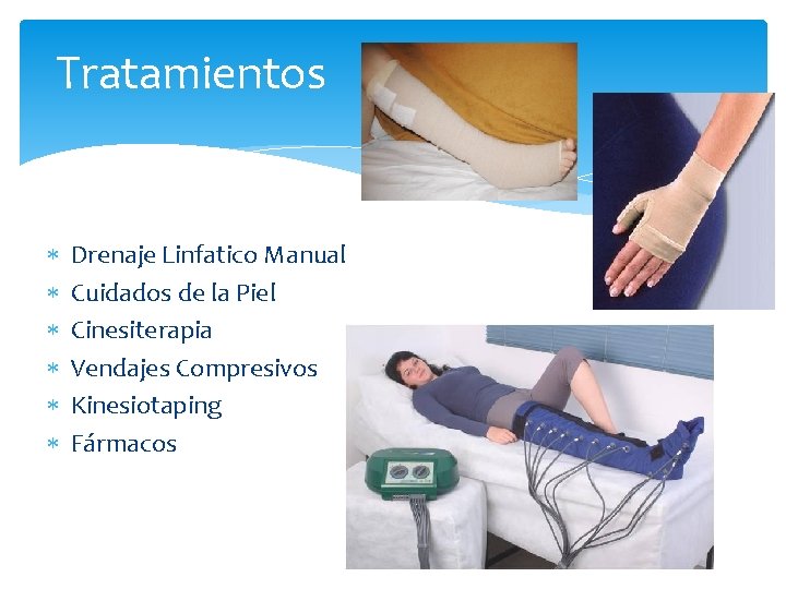 Tratamientos Drenaje Linfatico Manual Cuidados de la Piel Cinesiterapia Vendajes Compresivos Kinesiotaping Fármacos 