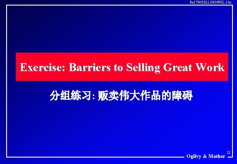 Ref: TN/SELLING/WEL-1/rc Exercise: Barriers to Selling Great Work 分组练习: 贩卖伟大作品的障碍 Ogilvy & Mather 22