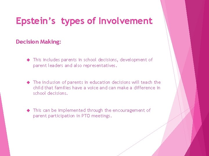 Epstein’s types of Involvement Decision Making: This includes parents in school decisions, development of