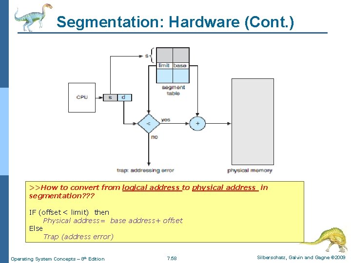 Segmentation: Hardware (Cont. ) >>How to convert from logical address to physical address in