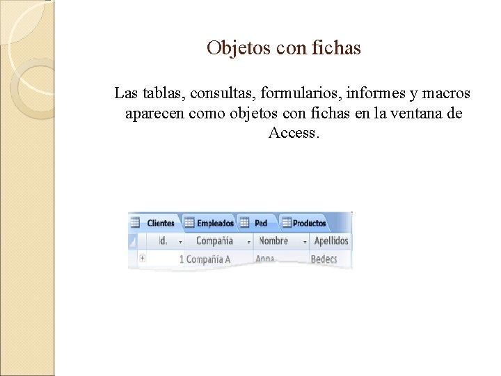 Objetos con fichas Las tablas, consultas, formularios, informes y macros aparecen como objetos con