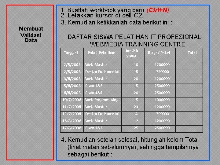 1. Buatlah workbook yang baru (Ctrl+N). 2. Letakkan kursor di cell C 2. Membuat 1. Buatlah workbook yang baru (Ctrl+N). 2. Letakkan kursor di cell C 2. Membuat