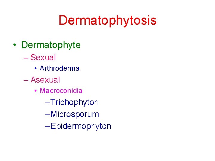 Dermatophytosis • Dermatophyte – Sexual • Arthroderma – Asexual • Macroconidia – Trichophyton –