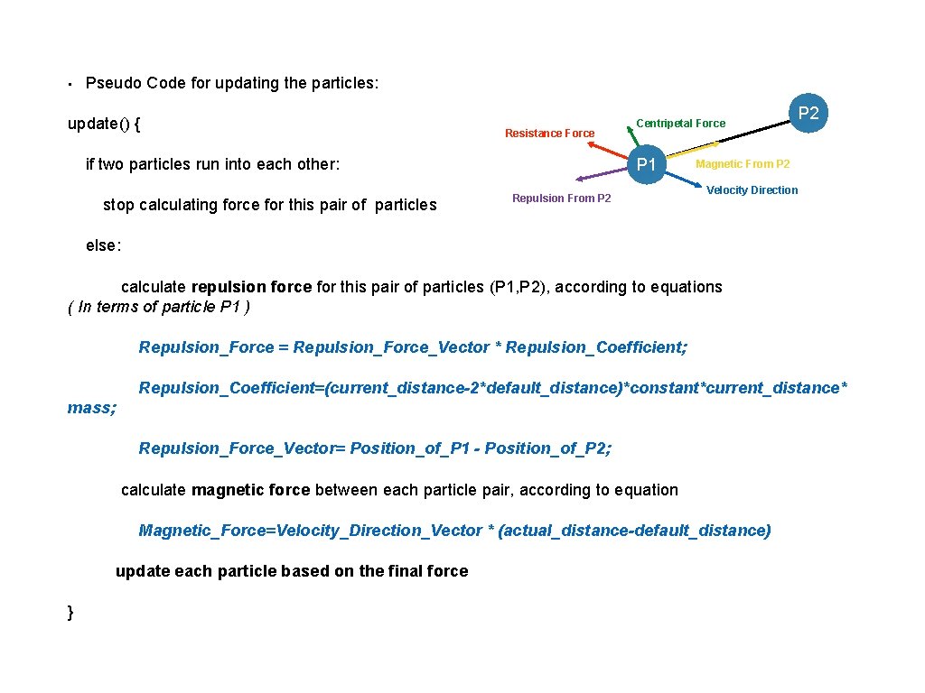  • Pseudo Code for updating the particles: update() { Resistance Force if two