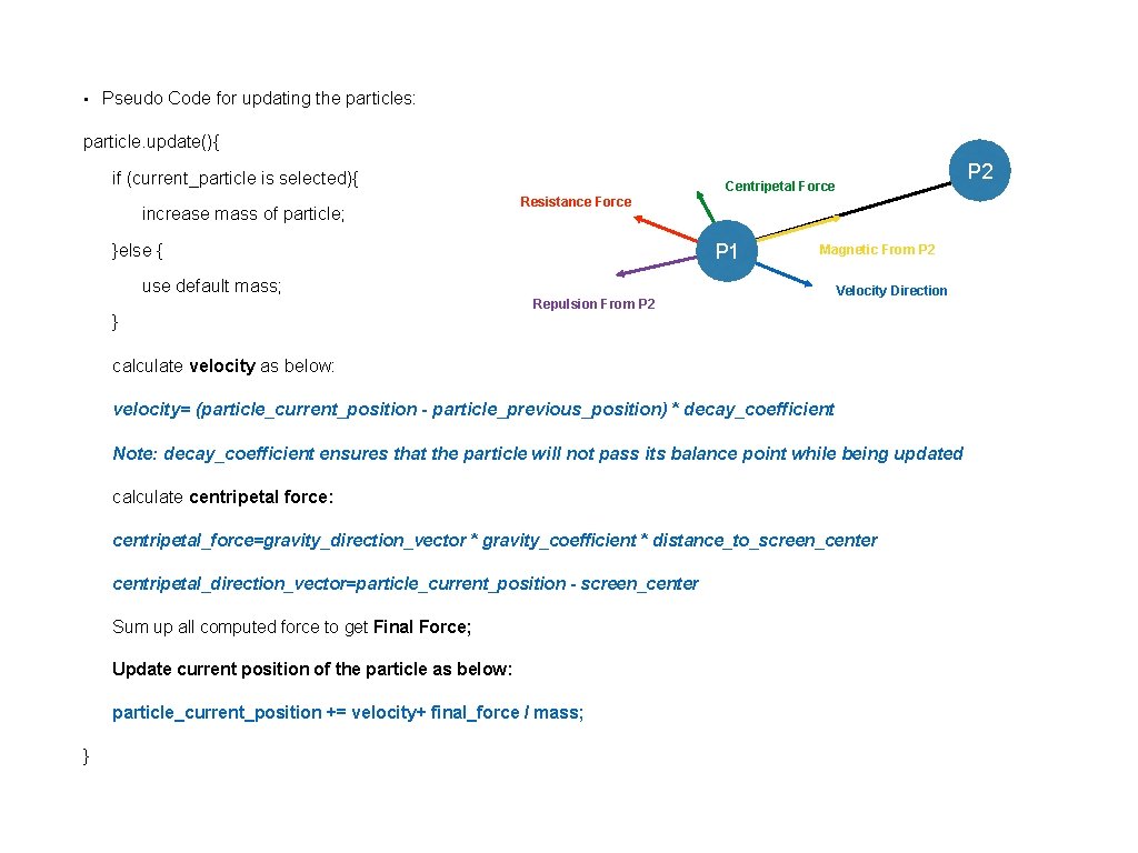  • Pseudo Code for updating the particles: particle. update(){ if (current_particle is selected){