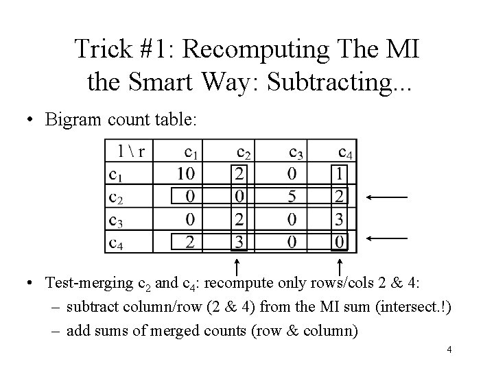 Trick #1: Recomputing The MI the Smart Way: Subtracting. . . • Bigram count