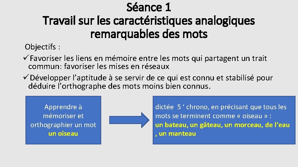 Séance 1 Travail sur les caractéristiques analogiques remarquables des mots Objectifs : üFavoriser les