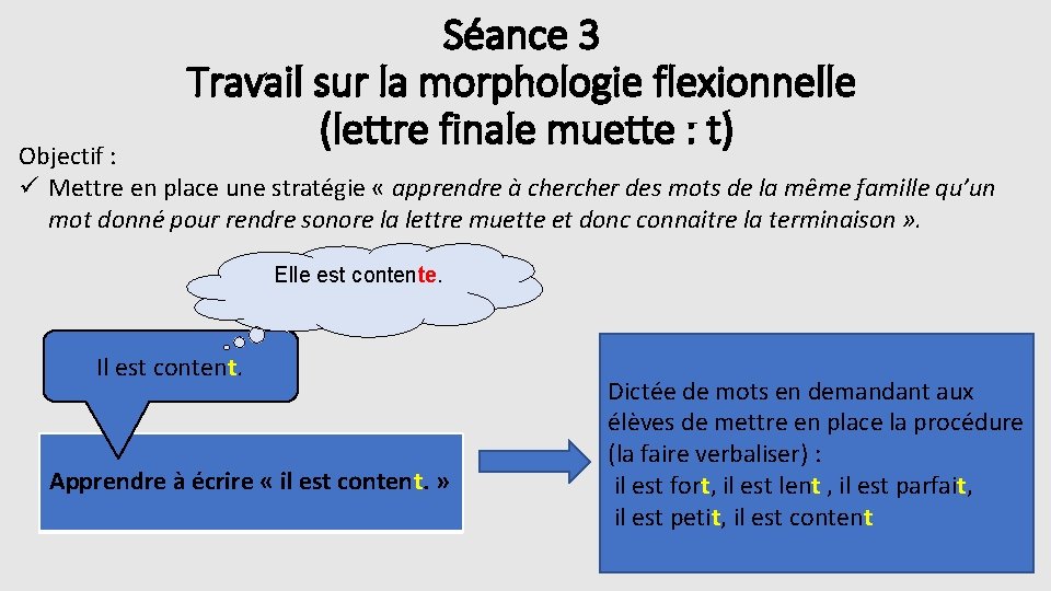 Séance 3 Travail sur la morphologie flexionnelle (lettre finale muette : t) Objectif :