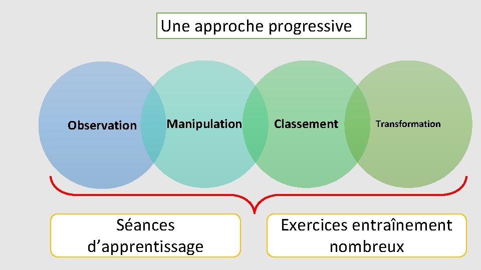 Une approche progressive Observation Manipulation Séances d’apprentissage Classement Transformation Exercices entraînement nombreux 