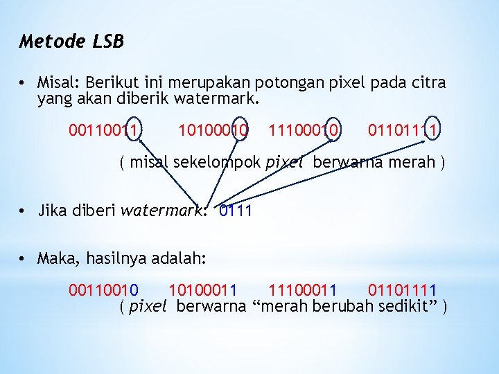 Metode LSB • Misal: Berikut ini merupakan potongan pixel pada citra yang akan diberik