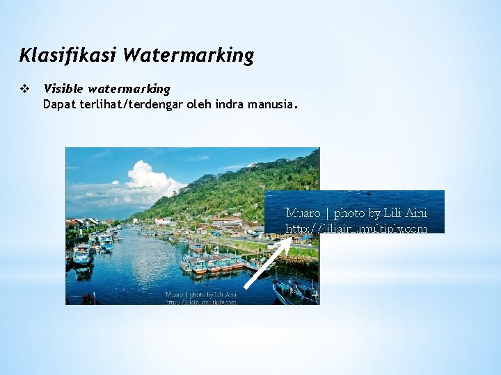 Klasifikasi Watermarking v Visible watermarking Dapat terlihat/terdengar oleh indra manusia. 