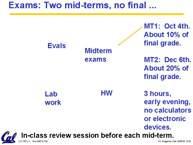 Exams: Two mid-terms, no final. . . Evals MT 1: Oct 4 th. About